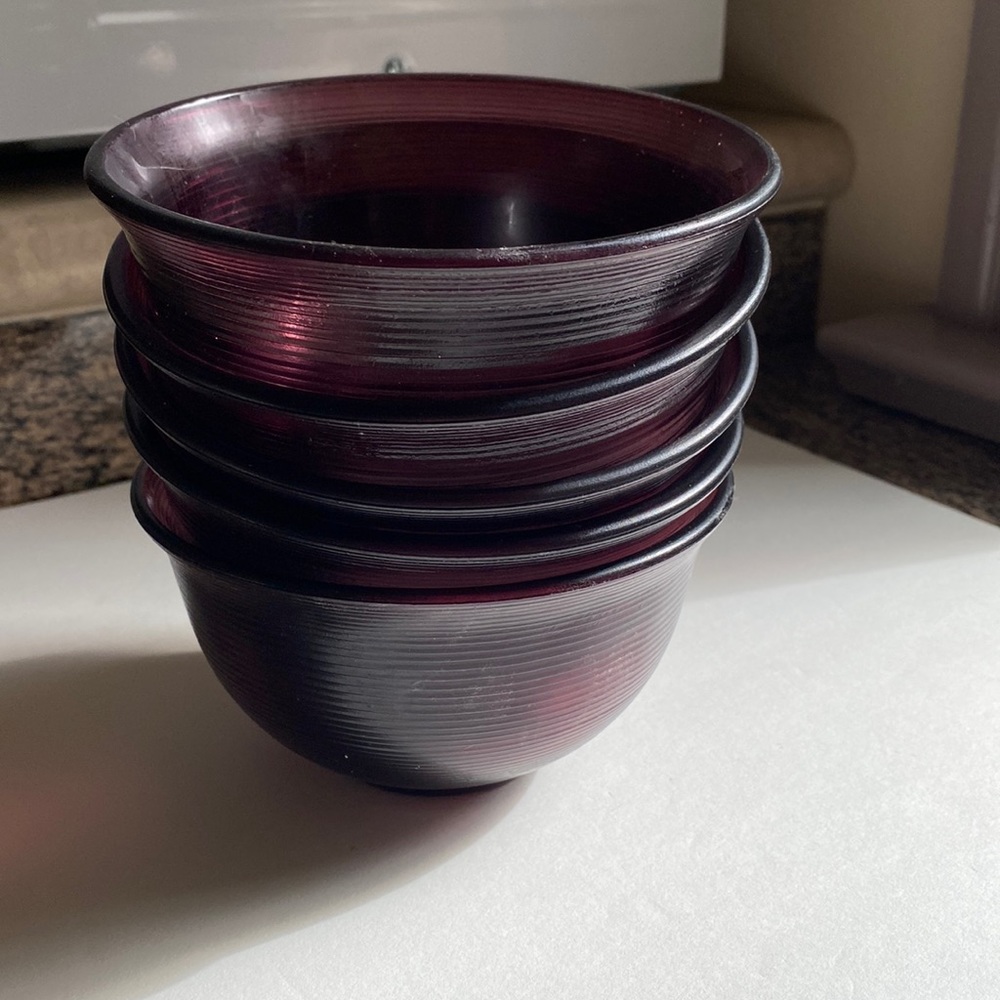 Recycled glass ribbed bowls. Set of 5. Purple colour